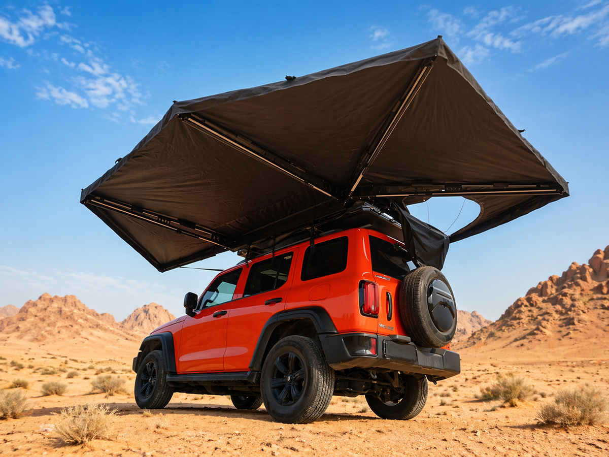 Alayjah 270° Car Rooftop Tent Awning, 600D Waterproof, Free-Standing, 1 Pc مظلة خيمة سقف سيارة بزاوية 270°، مقاومة للماء 600D، قائمة بذاتها، قطعة واحدة