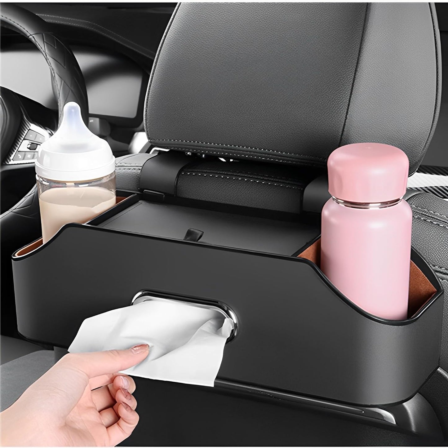 Beauty Car Back Seat Organizer ,Multifunctional Leather Backseat Car Organizer Storage Box with 2 Drink Cup Holder, Tissue Box, Cell Phone Holders and Storage Box Hook, Car Travel Accessories (Black)