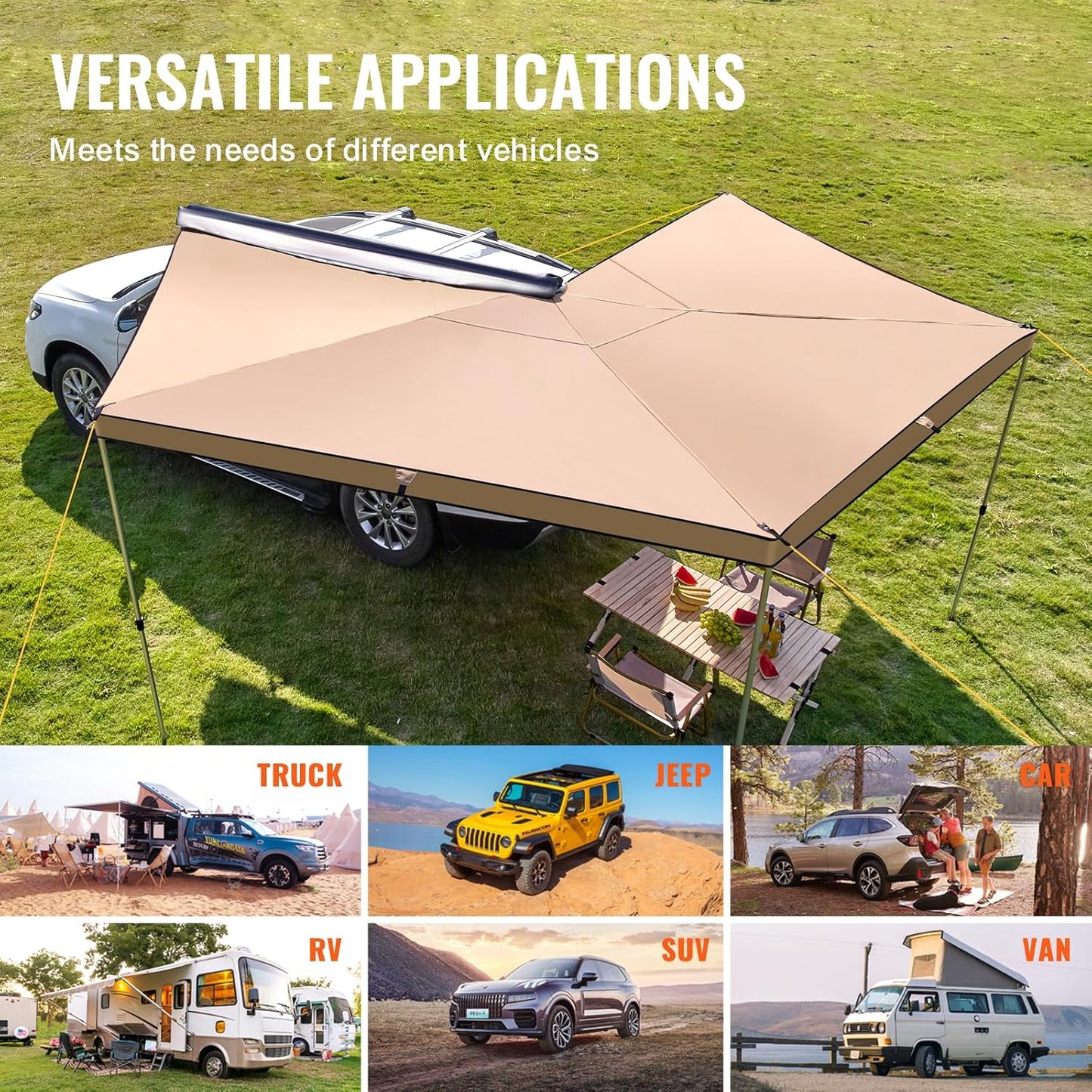 Alayjah 270° Car Rooftop Tent Awning, 600D Waterproof, Free-Standing, 1 Pc مظلة خيمة سقف سيارة بزاوية 270°، مقاومة للماء 600D، قائمة بذاتها، قطعة واحدة