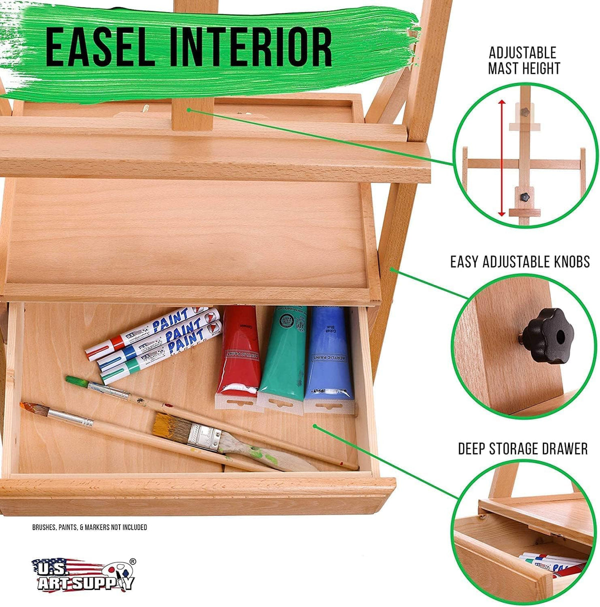 Alayjah, Professional Beech Wood Adjustable Easel with Built-in Drawer, 1-Piece, Sturdy Artist Stand for Painting & Storage 20100240، حامل رسم احترافي قابل للتعديل مصنوع من خشب الزان مع درج مدمج، قطعة واحدة – حامل متين للفنانين للرسم والتخزين