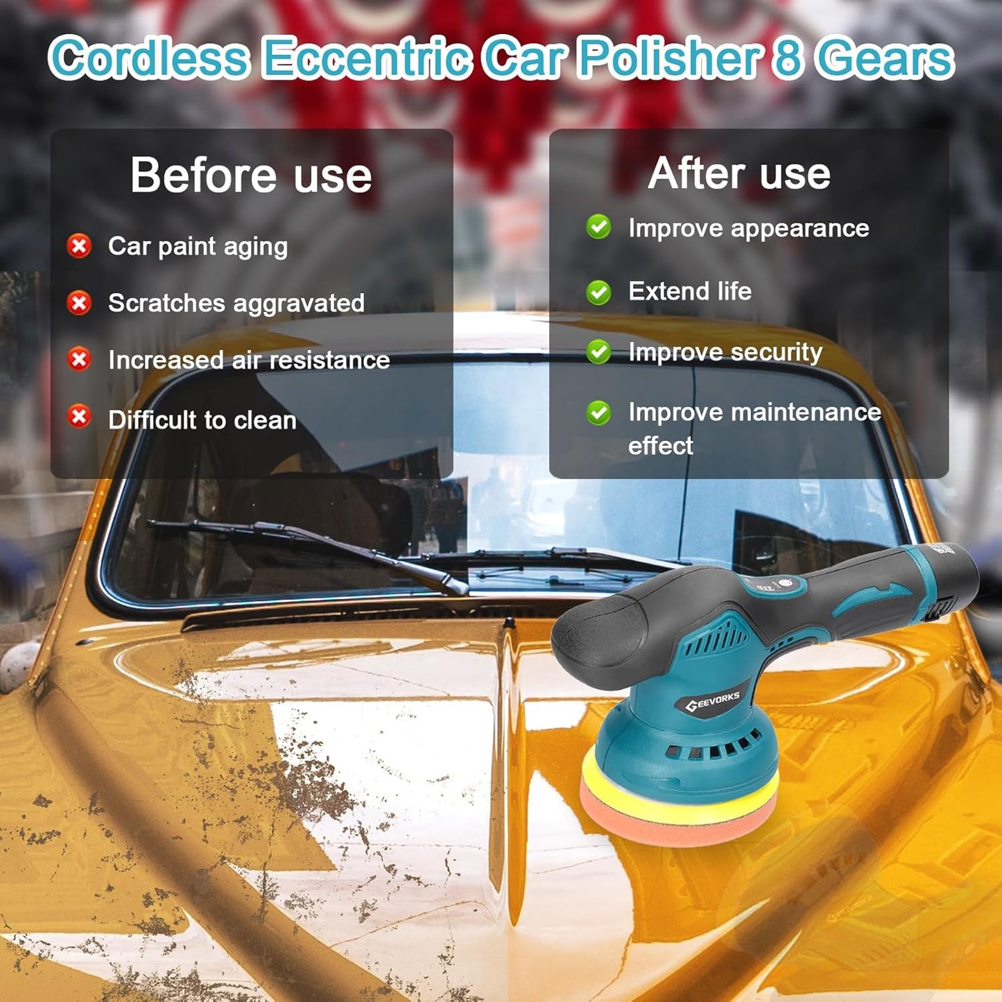 Alayjah Cordless Car Polisher & Buffer Kit ,Dual 12V 1500mAh, Variable Speed, Portable طقم ملمّع ومُلمِّع سيارات لاسلكي، بطاريتان 12 فولت 1500 مللي أمبير، سرعة متغيرة، محمول