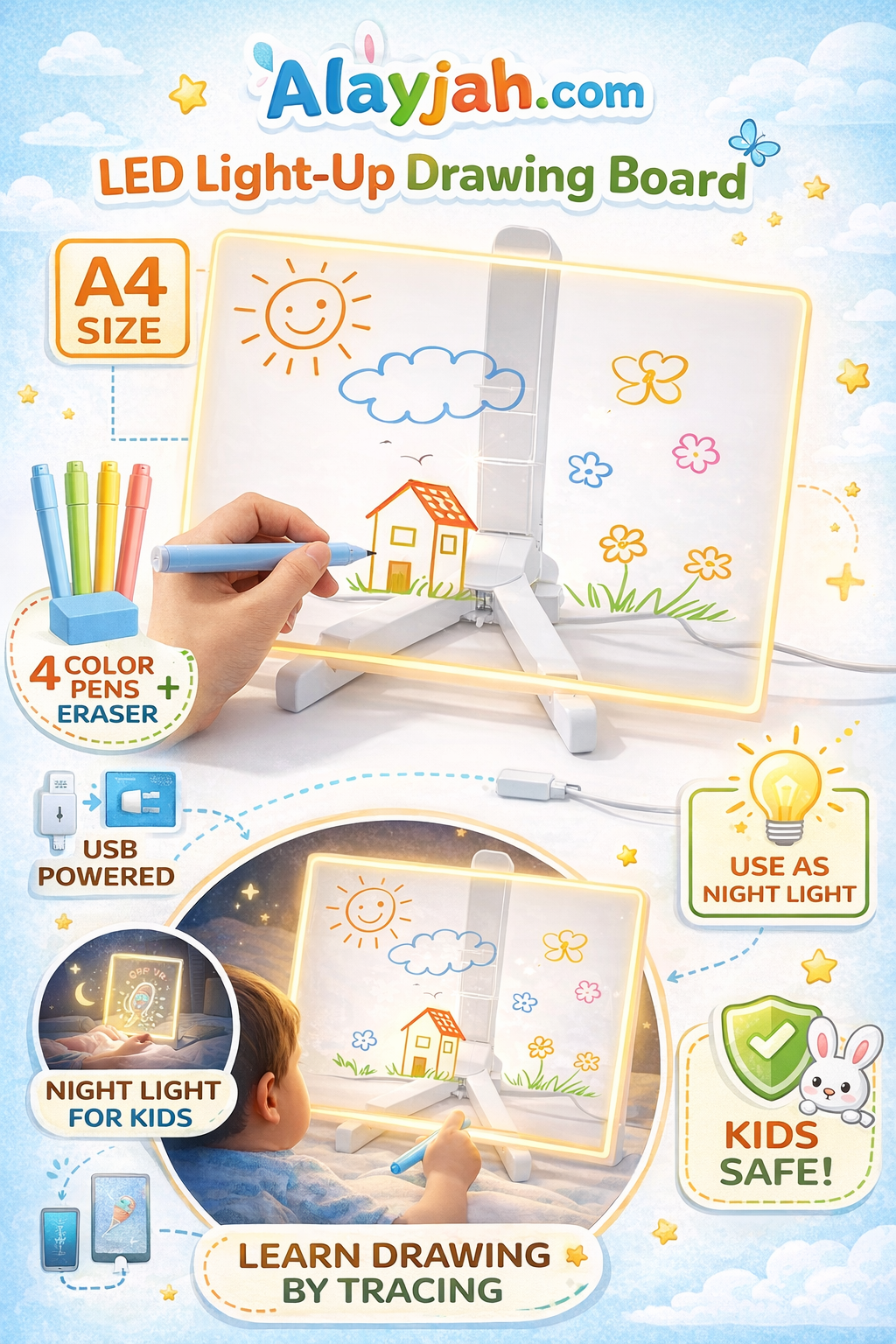 لوحة رسائل أكريليك LED مع إضاءة – لوحة كتابة قابلة للمسح الجاف ورسم يومي مع ختم شفافLED Acrylic Message Board with Light – Daily Drawing Signage & Dry Erase Writing Board with Clear Sealing
