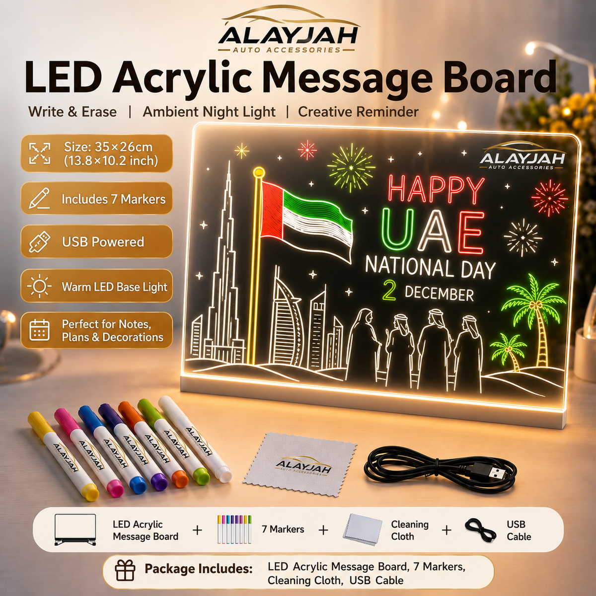 لوحة رسائل أكريليك LED مع إضاءة – لوحة كتابة قابلة للمسح الجاف ورسم يومي مع ختم شفافLED Acrylic Message Board with Light – Daily Drawing Signage & Dry Erase Writing Board with Clear Sealing