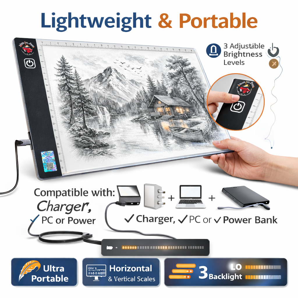 لوحة ضوء LED للنسخ بحجم A4 مع مقياس – لوحة رسم ضوء للفنانين والحرفيينA4 LED Tracing Light Pad with Scale – Drawing Pad Light Box for Artists and Crafters