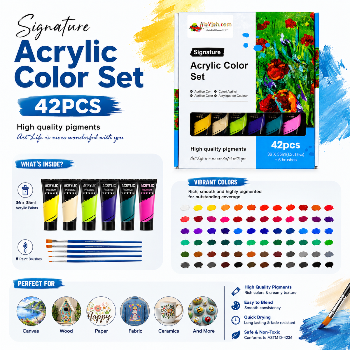Alayjah, 36-Color Acrylic Paint (35ml Each) with 6 Paint Brushes , Complete Painting & Drawing Tools for Creative Artists 20100180ألوان أكريليك مكونة من 36 لونًا (35 مل لكل لون) مع 6 فرش رسم – أدوات متكاملة للرسم والتلوين للفنانين المبدعين