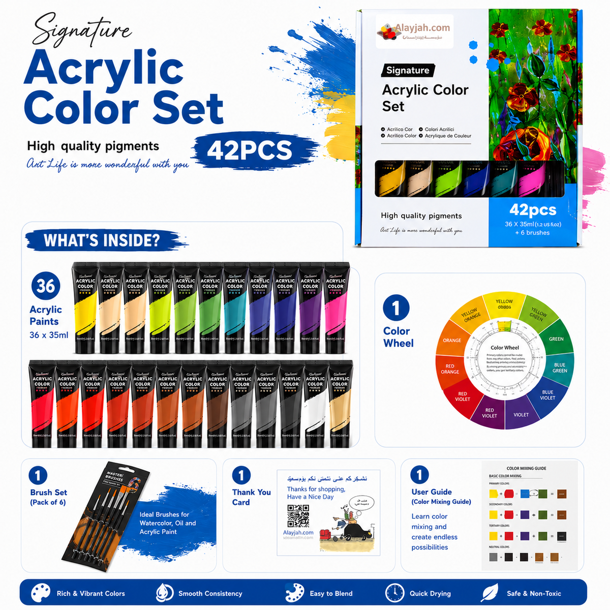 Alayjah, 36-Color Acrylic Paint (35ml Each) with 6 Paint Brushes , Complete Painting & Drawing Tools for Creative Artists 20100180 6 (Special Prices for Sellers اسعار خاصة للتجار )