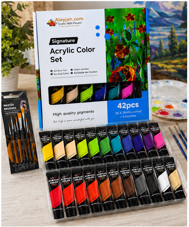 Alayjah, 36-Color Acrylic Paint (35ml Each) with 6 Paint Brushes , Complete Painting & Drawing Tools for Creative Artists 20100180ألوان أكريليك مكونة من 36 لونًا (35 مل لكل لون) مع 6 فرش رسم – أدوات متكاملة للرسم والتلوين للفنانين المبدعين