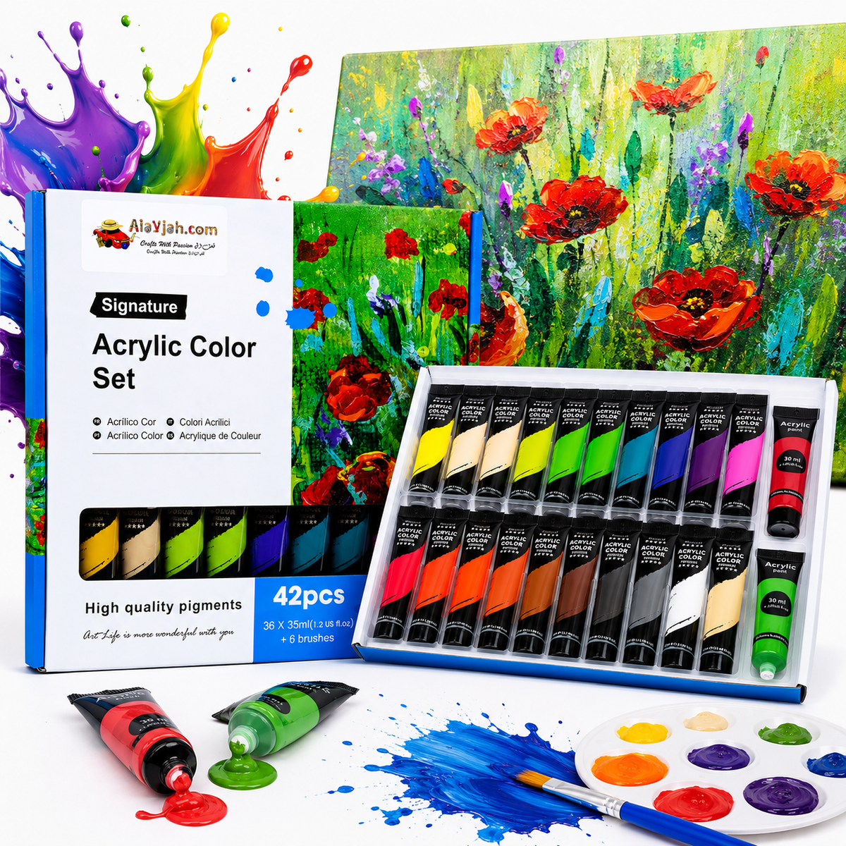 Alayjah, 36-Color Acrylic Paint (35ml Each) with 6 Paint Brushes , Complete Painting & Drawing Tools for Creative Artists 20100180ألوان أكريليك مكونة من 36 لونًا (35 مل لكل لون) مع 6 فرش رسم – أدوات متكاملة للرسم والتلوين للفنانين المبدعين