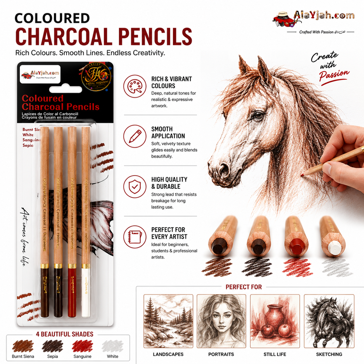 Alayjah, Customized 3-Color Professional Charcoal Pencils,  3 Pcs,Pencil Set for Sketching, Drawing & Coloring ألَيْجا، أقلام فحم احترافية بثلاثة ألوان مخصصة،  3 قطع