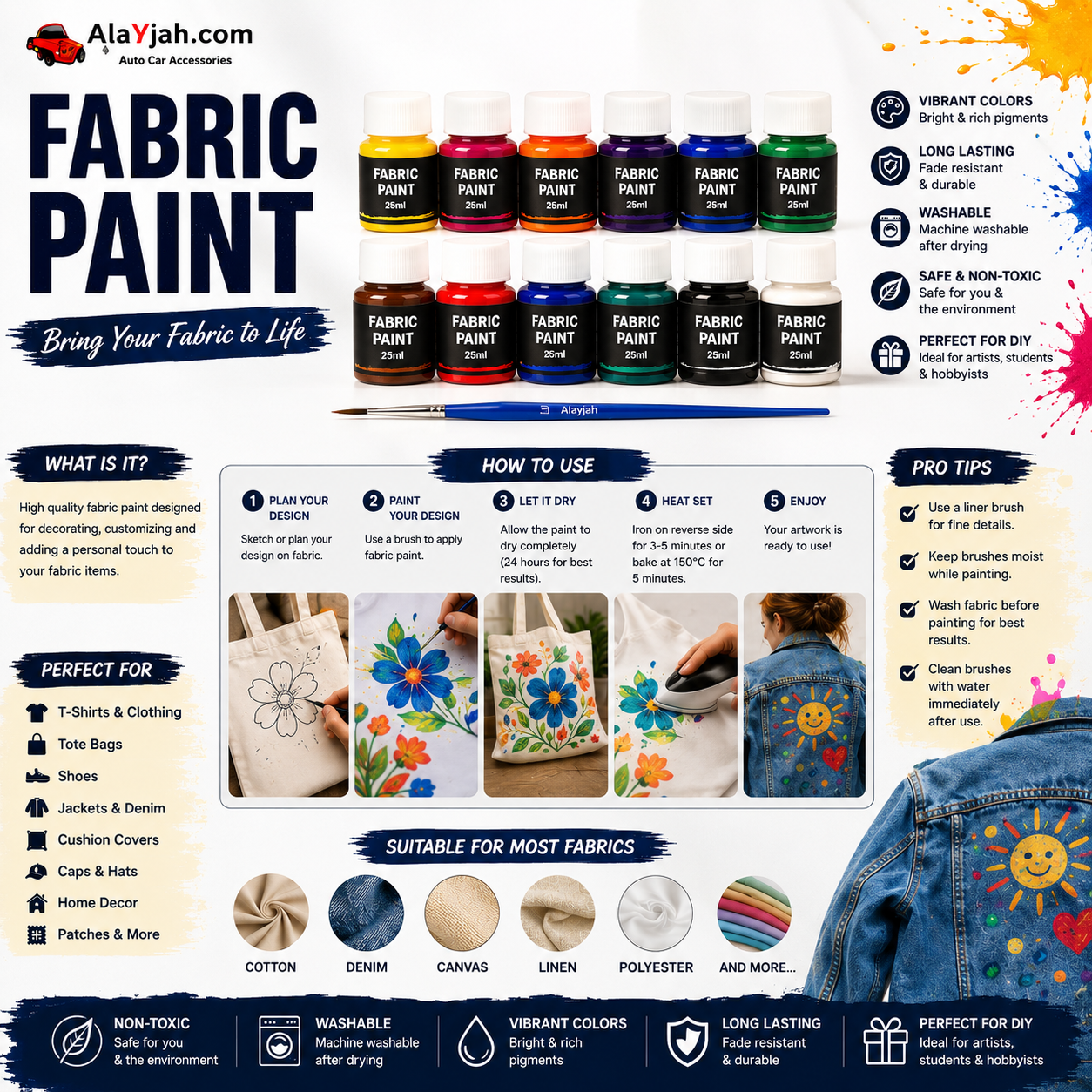 12-Color Fabric Paint & Poster Colour Set, Non-Toxic Pigments, 1 Box for DIY Crafts, Wall Art & Art Students 20100171  ألوان قماش وملصقات من 12 لونًا، أصباغ غير سامة، علبة واحدة للأشغال اليدوية وفن الحائط وطلاب الفنون