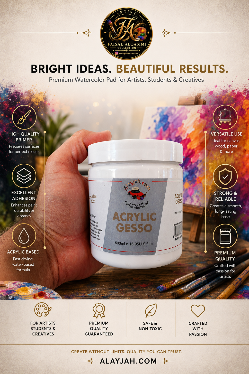 Professional Acrylic White Gesso Base 500ML, Helps You Create Artwork Worthy of Admiration, 20100192 أساس جيسو اكريلك ابيض 500مل احترافي يمنح ألوانك قوة ووضوحًا ويجعل لوحتك محل إعجاب وتقدير