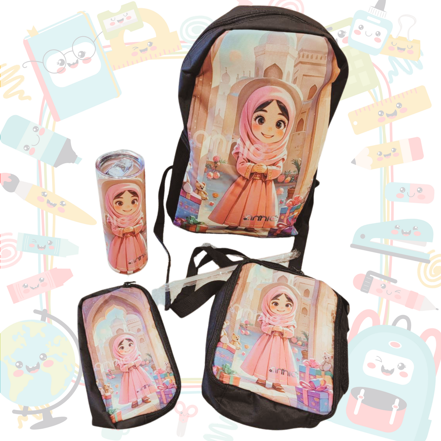 Customized School Bag with Customized Cartoon of Your Character 16-Inch Customizable Backpack with Front Pocket - Lightweight, Adjustable Straps, Tablet Compartment شنطة مدرسة كبيرة مع كاريكاتير لشخصيتك يرسمة فناننا مناسبة المدرسة