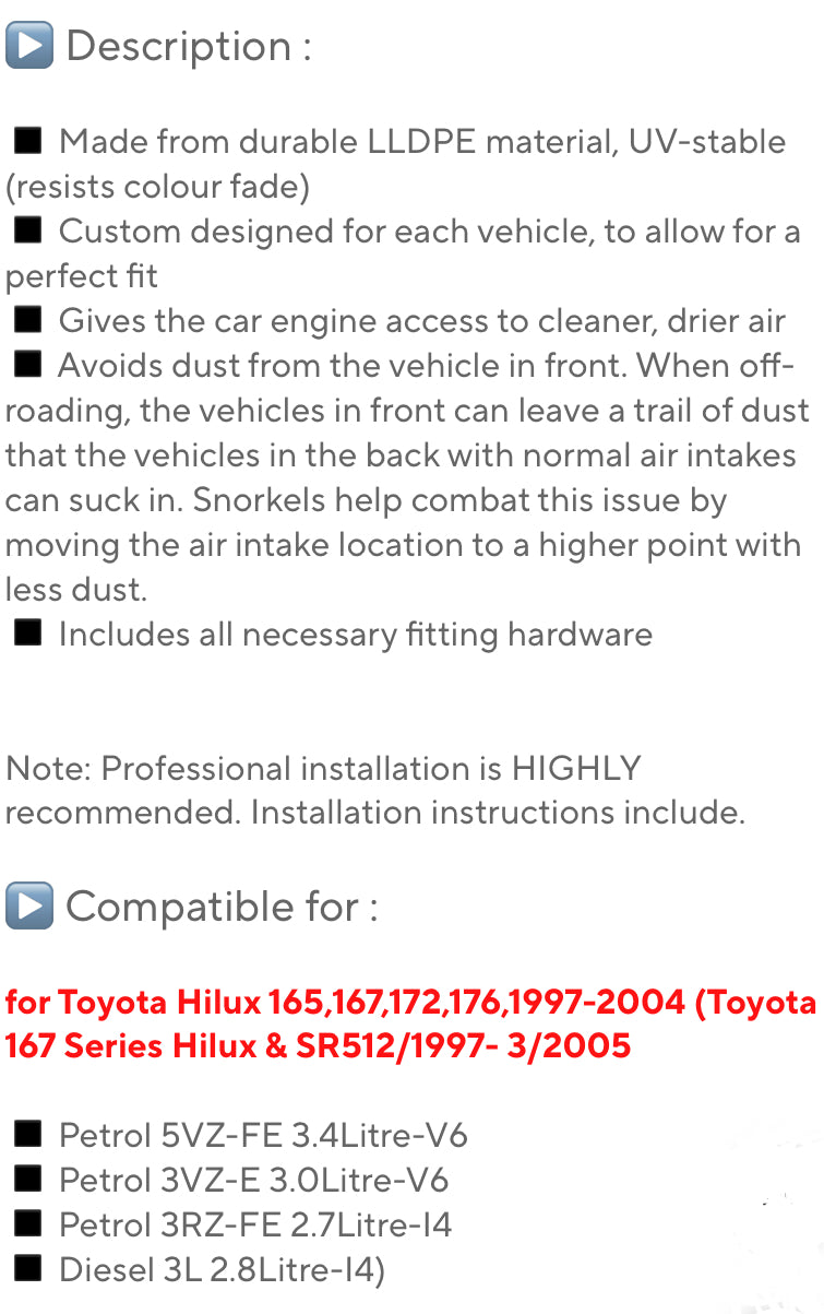 Intake Air Pipe Snorkel Kits Systems for Toyota HiLux 165/167/172 Series 1997-2004 Diesel Models Matte Black بايب انتيك هواء تويوتا هايلوكس