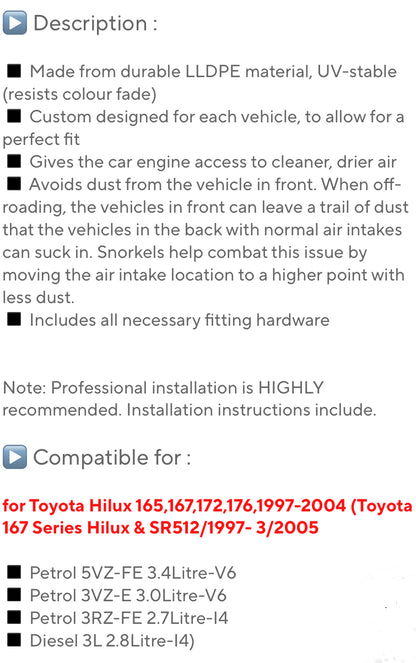 Intake Air Pipe Snorkel Kits Systems for Toyota HiLux 165/167/172 Series 1997-2004 Diesel Models Matte Black بايب انتيك هواء تويوتا هايلوكس