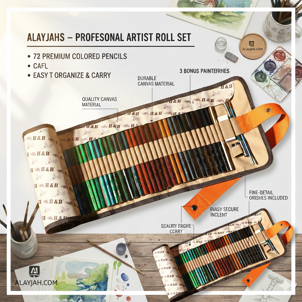 Professional Wooden Art 72 Watercolor Colored Pencils Setالوان خشبية مائية احترافية 72 قلم في محفظة جلدية مع الأدوات