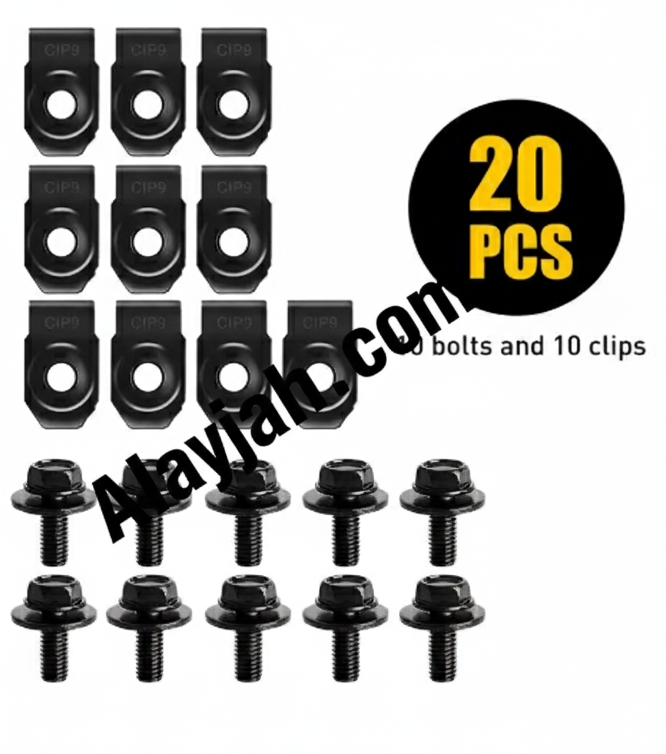 20PCS Car Body Screws & U-Nut Clips Set – Undertray, Bumper, Splash Shield, Hood Lining Retainer & Fastener Kit طقم 20 قطعة مسامير هيكل السيارة مع مشابك U-Nut – مناسب للصدّام، درع الحماية، بطانة الغطاء، وتثبيت الأندر تري