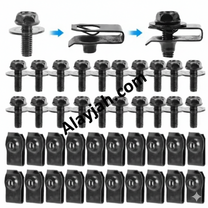 20PCS Car Body Screws & U-Nut Clips Set – Undertray, Bumper, Splash Shield, Hood Lining Retainer & Fastener Kit طقم 20 قطعة مسامير هيكل السيارة مع مشابك U-Nut – مناسب للصدّام، درع الحماية، بطانة الغطاء، وتثبيت الأندر تري