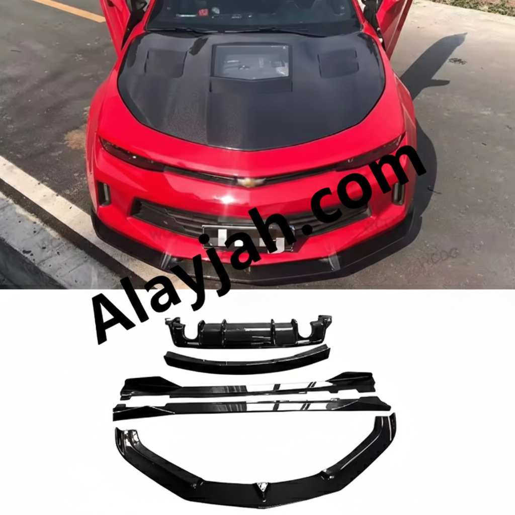 Carbon Fiber Full Body Kit – Front Lip, Rear Diffuser, Side Skirts & Rear Spoiler for Chevrolet Camaro Gen 6 (2016+) طقم هيكل كامل من ألياف الكربون – شفرة أمامية، ناشر خلفي، عتبات جانبية وجناح خلفي لسيارة شيفروليه كمارو الجيل السادس (2016+)