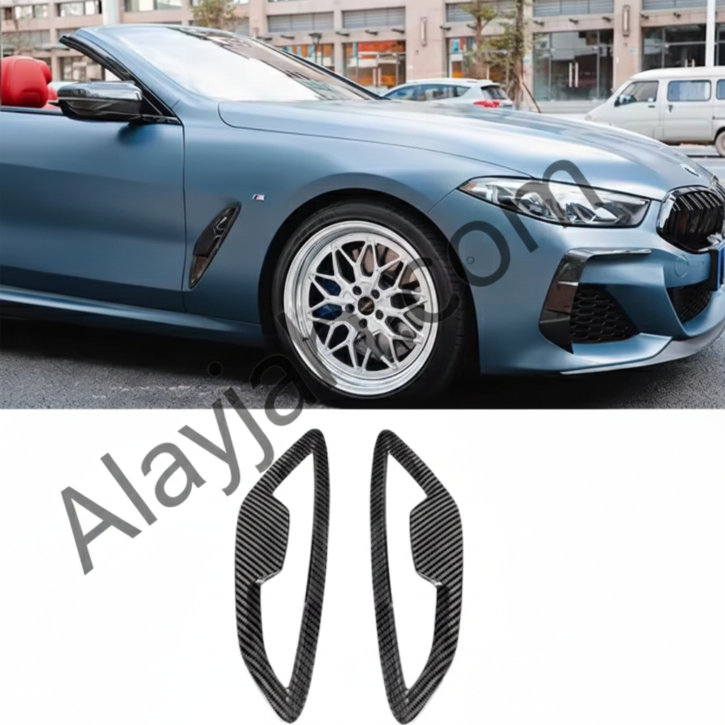 Dry Carbon Fiber Side Fender Cover Trim – Front Fender Vent Accessory for BMW 8 Series G14/G15/G16 (2020+) غطاء جانبي لجناح السيارة من ألياف الكربون الجافة – ملحق فتحة الجناح الأمامي لسيارات بي إم دبليو الفئة الثامنة G14/G15/G16 (2020+)