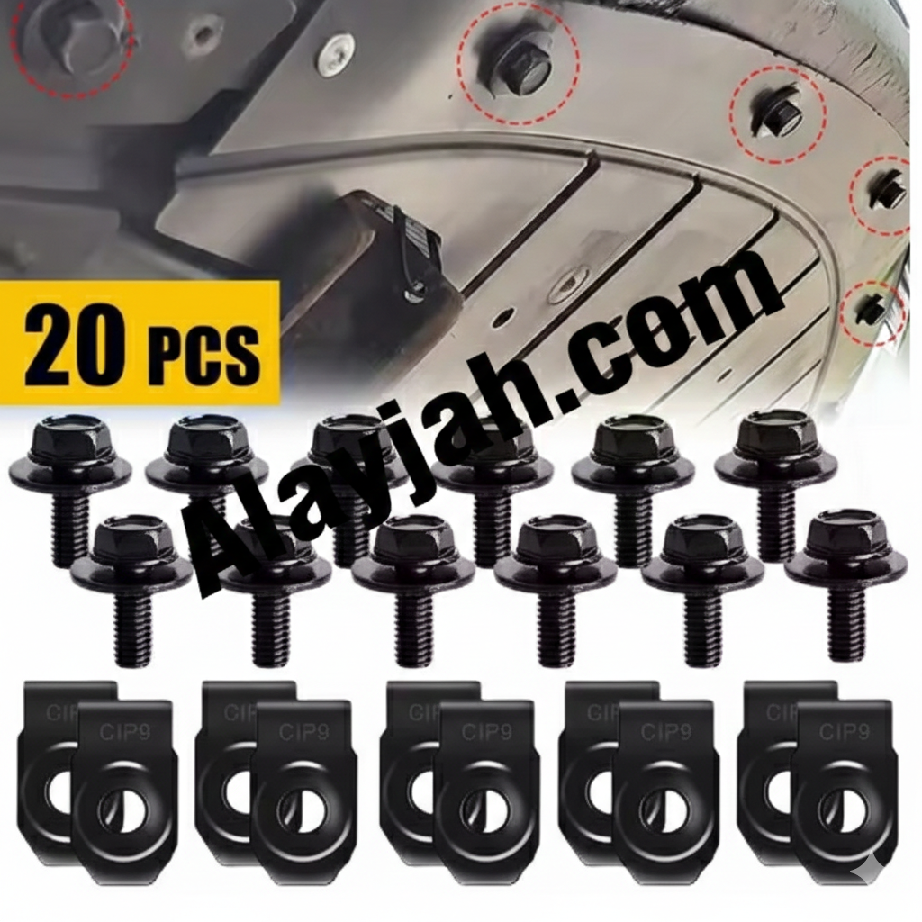 20PCS Car Body Screws & U-Nut Clips Set – Undertray, Bumper, Splash Shield, Hood Lining Retainer & Fastener Kit طقم 20 قطعة مسامير هيكل السيارة مع مشابك U-Nut – مناسب للصدّام، درع الحماية، بطانة الغطاء، وتثبيت الأندر تري