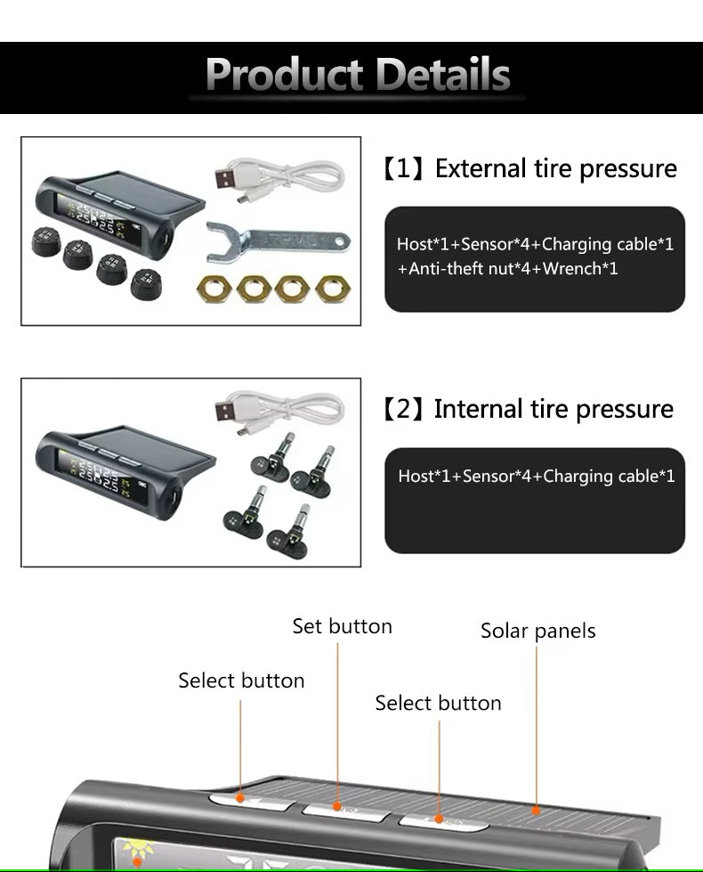 Car Tires Solar Tire Pressure Monitoring Systems TPMS  - نظام مراقبة ضغط إطارات السيارات يعمل بطاقة الشمسية