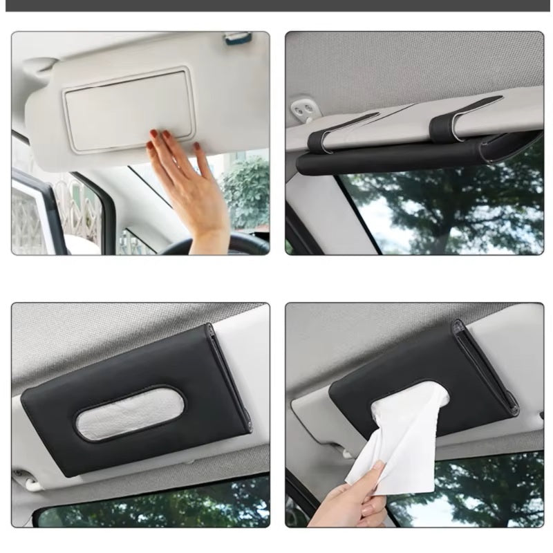 2 x حامل مناديل للسيارة يُثبت على حاجب الشمس – علبة مناديل من جلد PU للسيارات، السيدان، الدفع الرباعي، والشاحنات2 x Car Sun Visor Tissue Holder – PU Leather Clip-On Napkin Box for SUV, Sedan, Truck, and Van