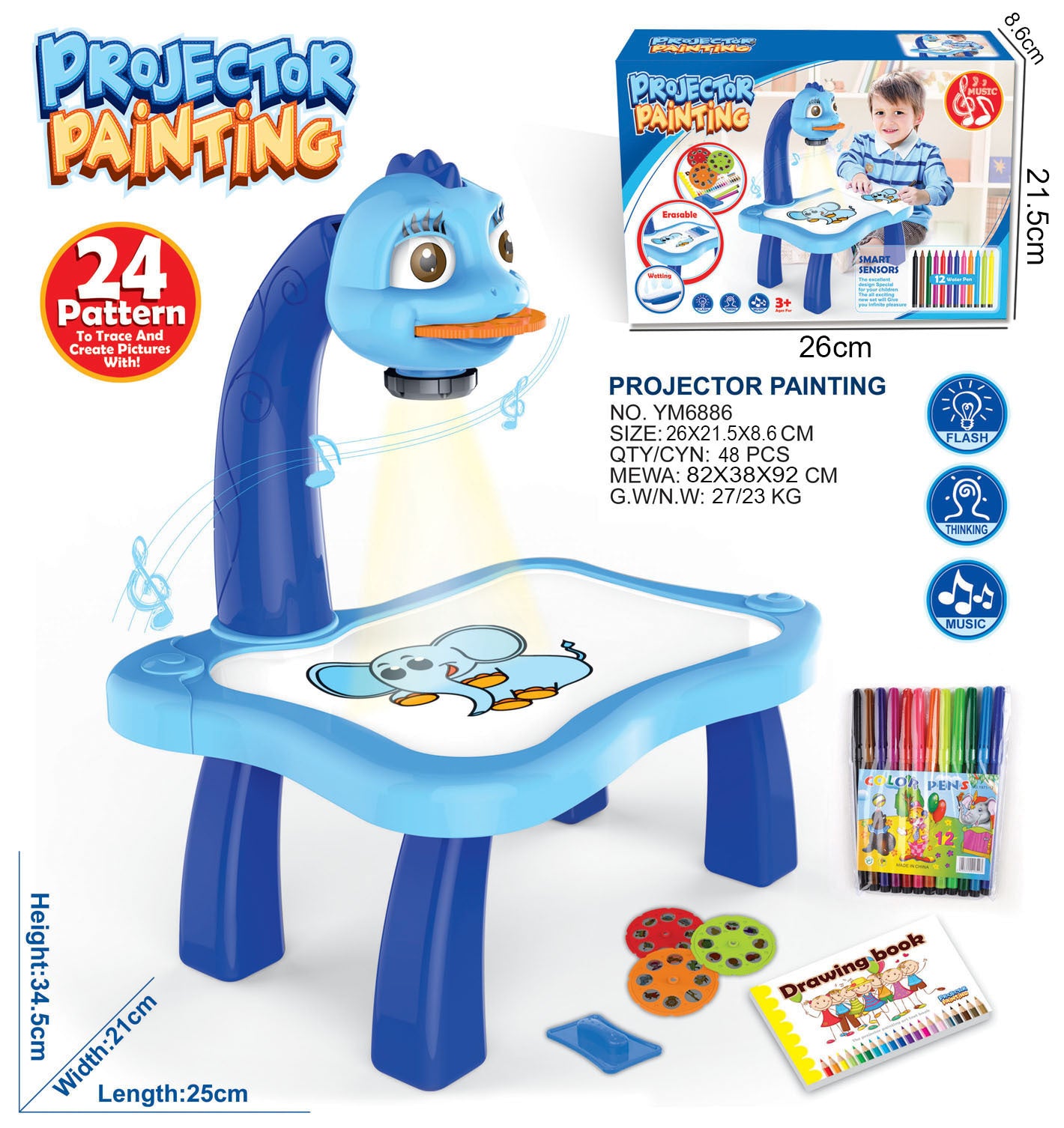 Alayjah LED Projector Art Table Toy – Kids Drawing & Painting Desk, Educational Learning, 1 Pc ألَيْجا طاولة عرض رسم LED – مكتب رسم وتلوين للأطفال، تعليمي وتعلمي، قطعة واحدة