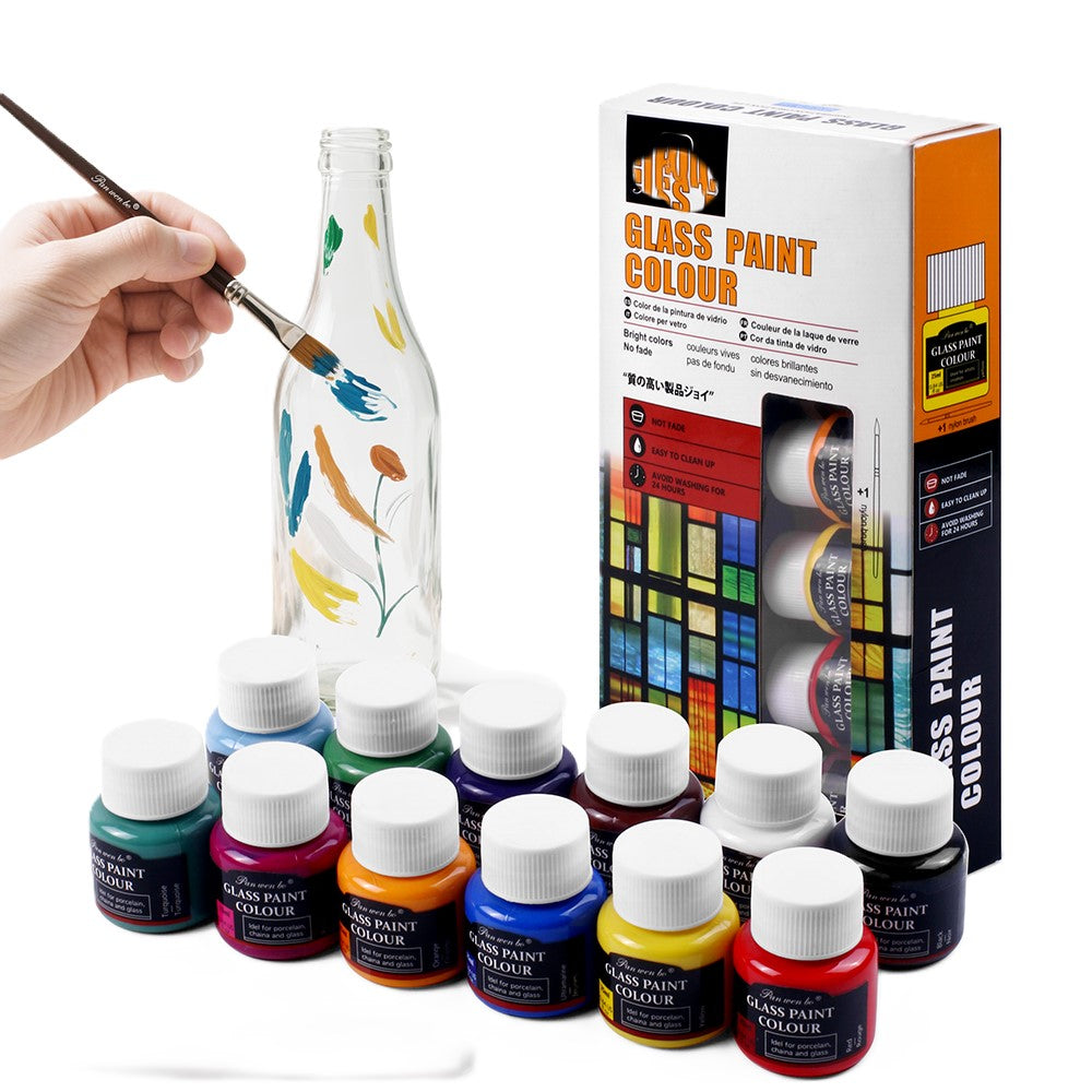 12-Color Glass Paint Set, Non-Toxic Pigments for Wall/Glass Art, Safe for Students & Kids 20100172 ألوان زجاج 12 لونًا، أصباغ غير سامة للرسم على الجدران والزجاج، آمن للطلاب والأطفال