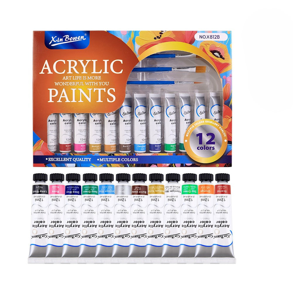 Alayjah, 12-Color Acrylic Paint 12ml Tubes with Brush, Portable Artist Kit for Still Life & Creative Painting 20100200ألوان أكريليك مكونة من 12 لونًا بحجم 12 مل مع فرشاة، طقم فني محمول للرسم والطبيعة الصامتة والإبداع