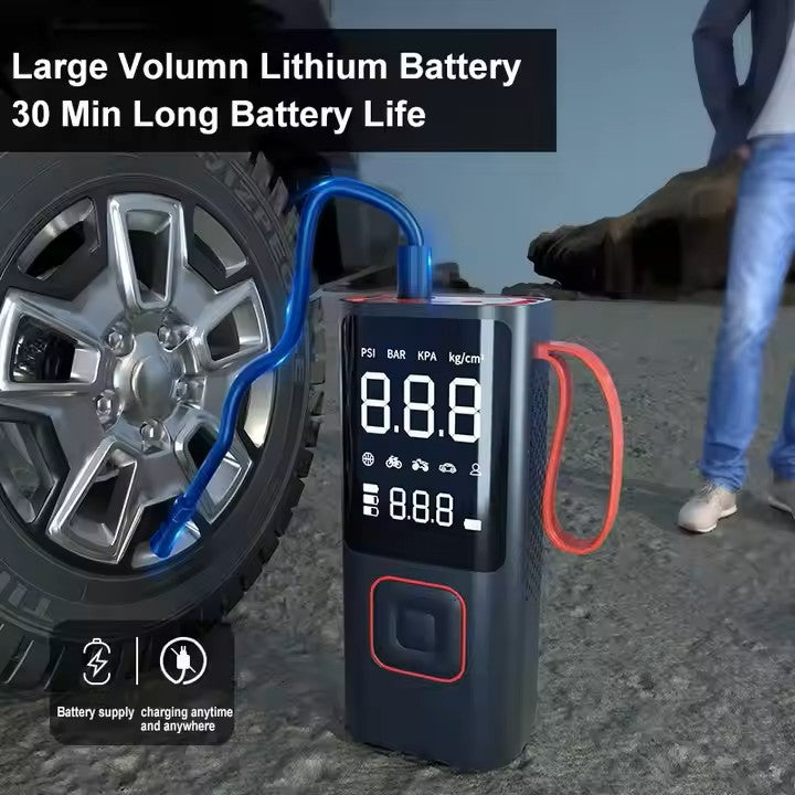 Wireless Mini Car Electric Digital Portable Air Compressor 12V with LCD Display  - مضخة هواء كهربائية رقمية محمولة صغيرة لاسلكية لضغط هواء السيارات 12 فولت مع شاشة LCD لنفخ الإطارات