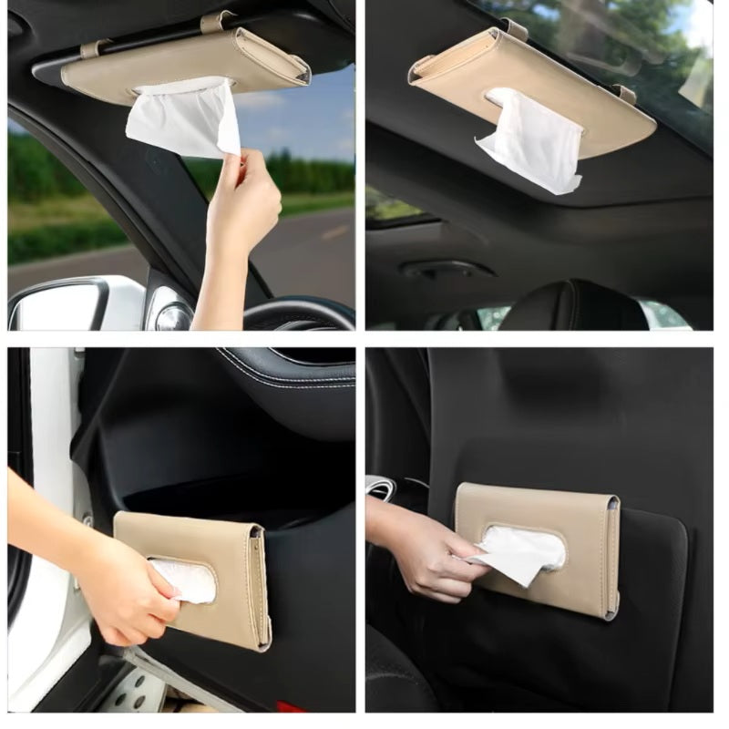 2 x حامل مناديل للسيارة يُثبت على حاجب الشمس – علبة مناديل من جلد PU للسيارات، السيدان، الدفع الرباعي، والشاحنات2 x Car Sun Visor Tissue Holder – PU Leather Clip-On Napkin Box for SUV, Sedan, Truck, and Van