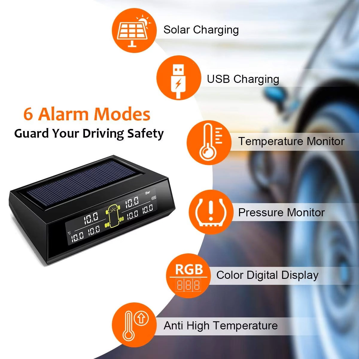 Car Tires Solar Tire Pressure Monitoring Systems TPMS  - نظام مراقبة ضغط إطارات السيارات يعمل بطاقة الشمسية