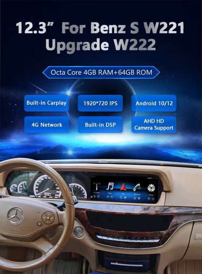12.3" Monitor Without Cluster Android Car Navigation GPS Multimedia Radio Player for Mercedes Benz S W221 2006-2013  Auto Radio Wireless Carplay Head Unit with Dashboard Cover One Year Warranty شاشة مريسدس اس كلاس بدون عدادات وطبلون ضمان سنة