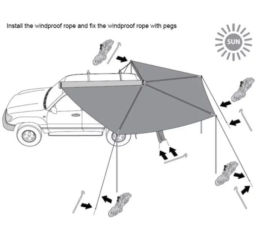 Alayjah 270° Car Rooftop Tent Awning, 600D Waterproof, Free-Standing, 1 Pc مظلة خيمة سقف سيارة بزاوية 270°، مقاومة للماء 600D، قائمة بذاتها، قطعة واحدة