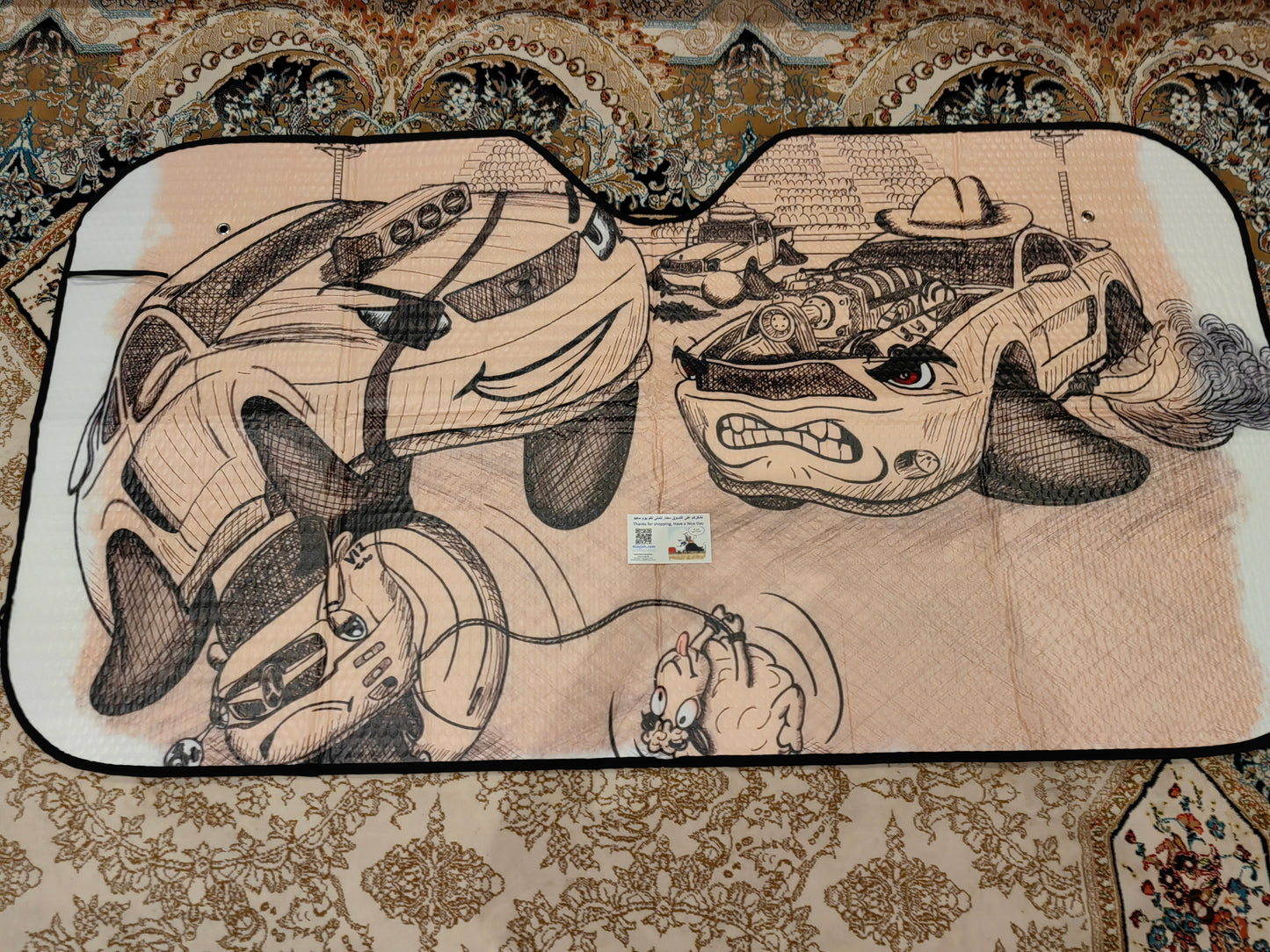 Alayjah Cartoon Car Sun Shade, 1 Pc, Foldable Polyester Visor with 4 Suction Cups, UV & Heat Block ألايجاه واقي شمس سيارة كرتوني، قطعة واحدة، حاجب بوليستر قابل للطي مع 4 أكواب شفط، يحجب الحرارة والأشعة فوق البنفسجية