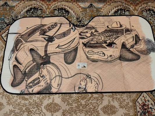 Alayjah Cartoon Car Sun Shade, 1 Pc, Foldable Polyester Visor with 4 Suction Cups, UV & Heat Block ألايجاه واقي شمس سيارة كرتوني، قطعة واحدة، حاجب بوليستر قابل للطي مع 4 أكواب شفط، يحجب الحرارة والأشعة فوق البنفسجية