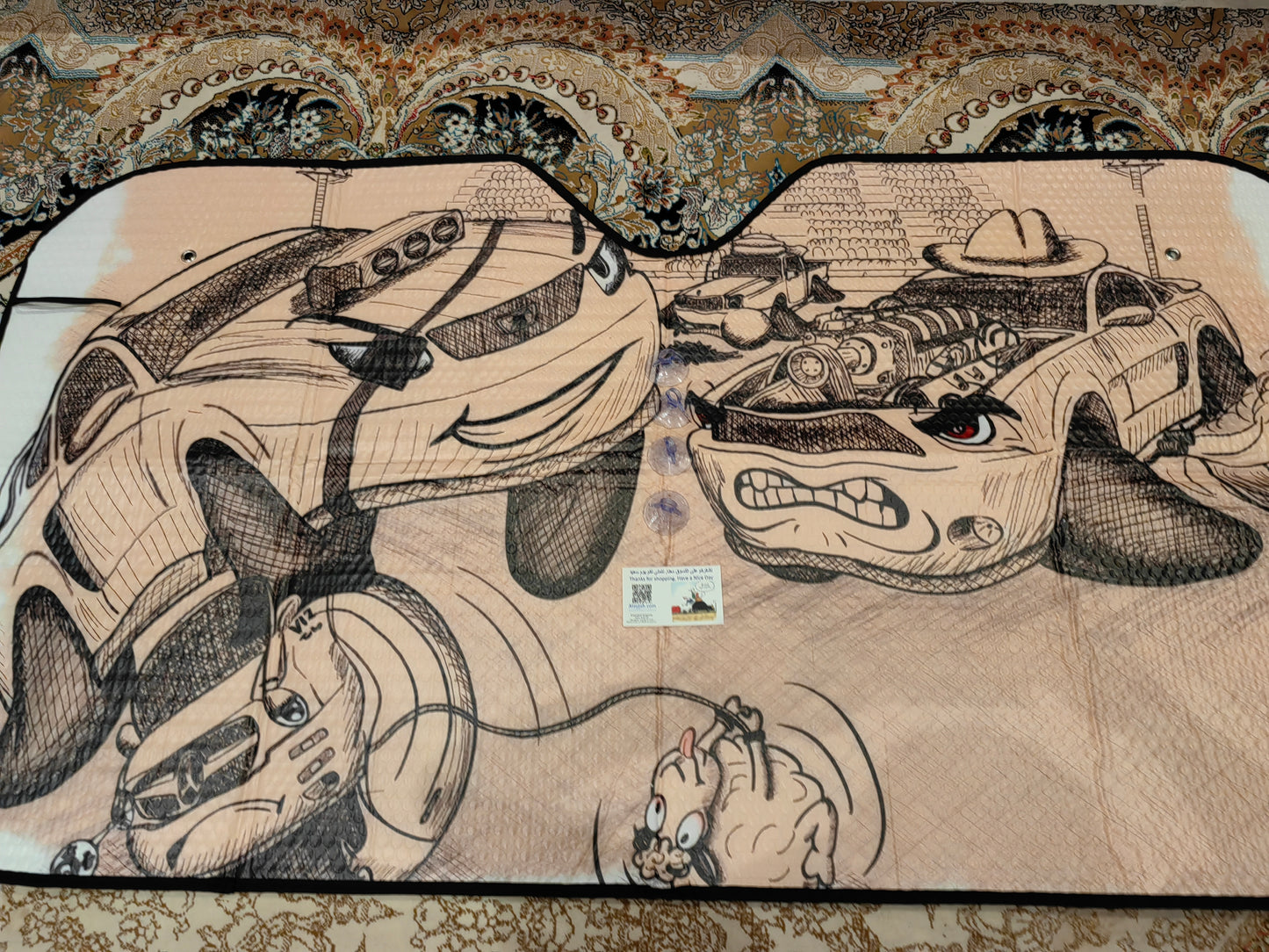 Alayjah Cartoon Car Sun Shade, 1 Pc, Foldable Polyester Visor with 4 Suction Cups, UV & Heat Block ألايجاه واقي شمس سيارة كرتوني، قطعة واحدة، حاجب بوليستر قابل للطي مع 4 أكواب شفط، يحجب الحرارة والأشعة فوق البنفسجية