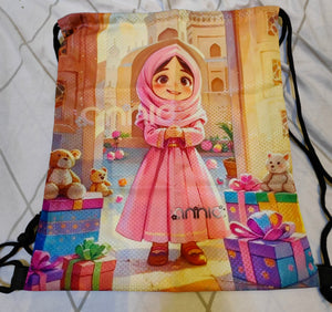 Customized Drawstring with Customized Cartoon of Your Character Travel GYM School Bag double-sided printing شنطة خفيفة مع كاريكاتير لشخصيتك يرسمة فناننا مناسبة للجيم او السفر او التنقل او المدرسة