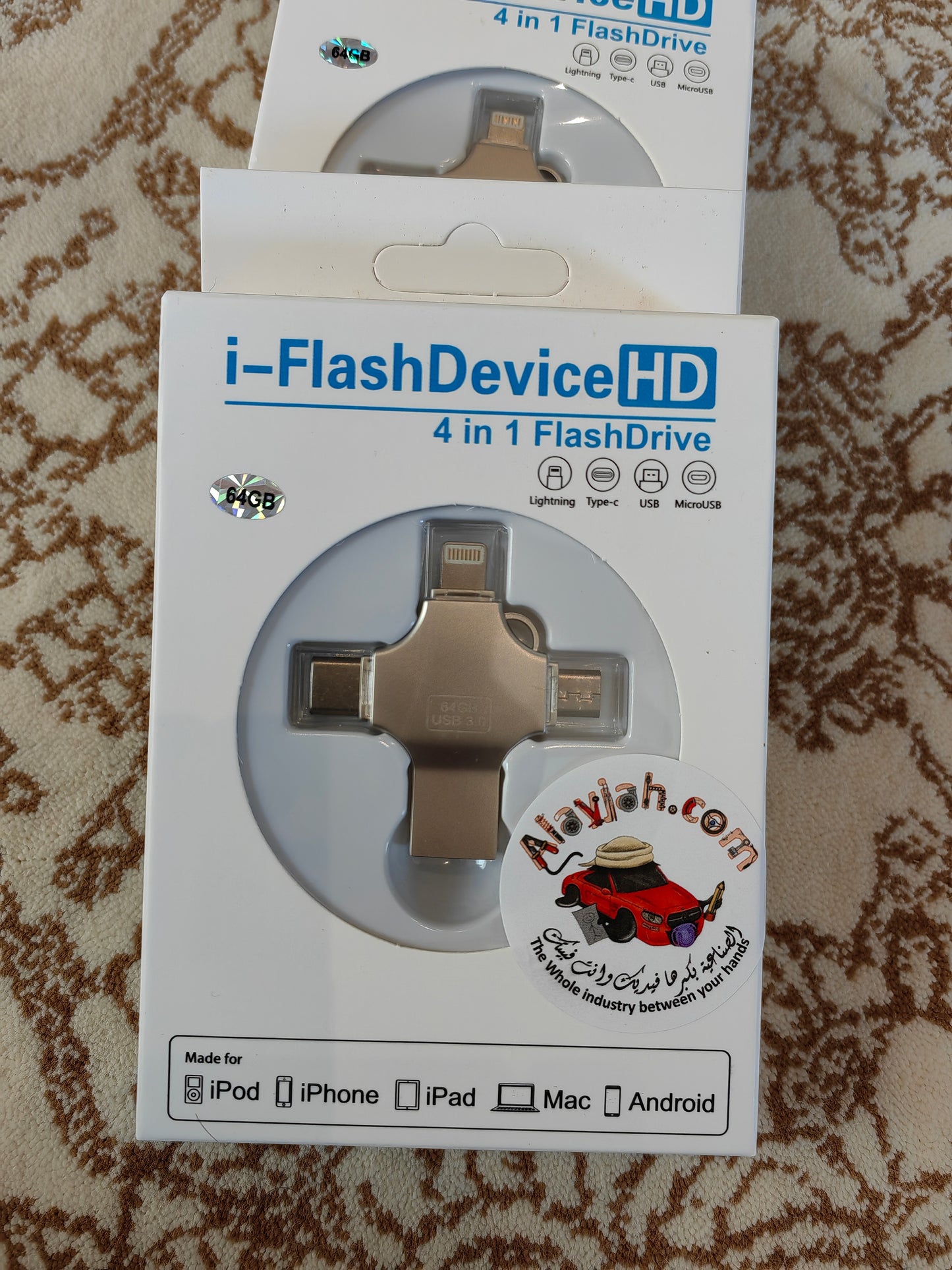 4-in-1 USB Flash Drive 64GB – Type-C, USB, Micro USB, Lightning for Apple, Samsung & Android فلاشة USB معدنية 4 في 1 بسعة 64 جيجابايت – Type-C، USB، Micro USB، Lightning متوافقة مع أجهزة Apple وSamsung وAndroid