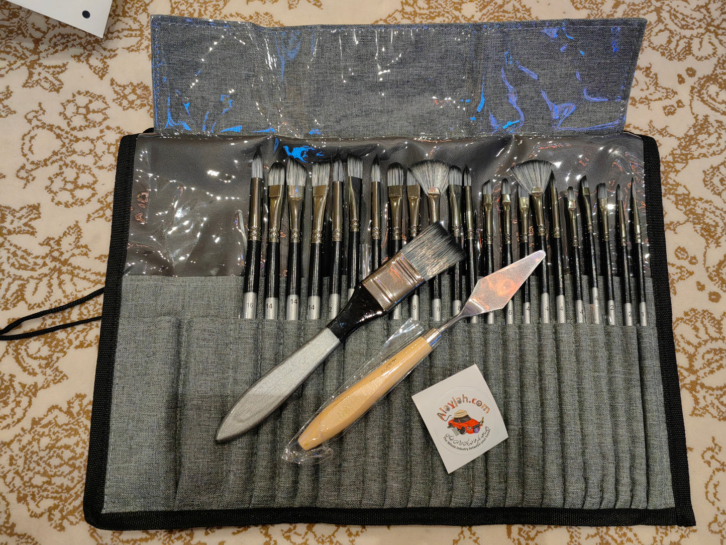 Alayjah, 25-Piece Professional Paint Brushes with Bag , Wood Handle, Nylon Hair Brushes for Acrylic, Oil & Watercolor Paintingألايجاه، فرش احترافية مكونة من 25 قطعة، بمقبض خشبي وشعيرات نايلون للرسم بالأكريليك والزيت والألوان المائية