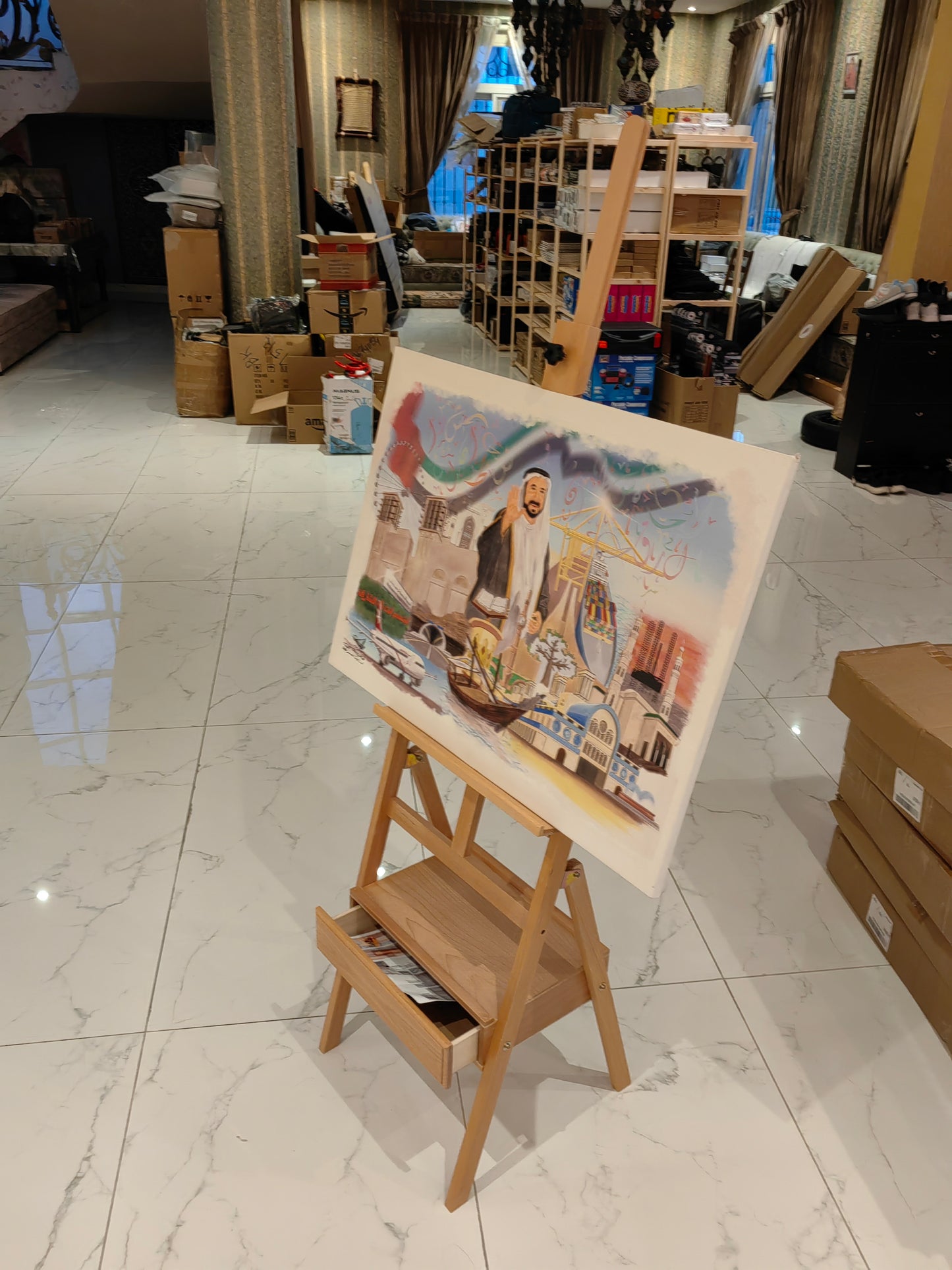 Alayjah, Professional Beech Wood Adjustable Easel with Built-in Drawer, 1-Piece, Sturdy Artist Stand for Painting & Storage 20100240، حامل رسم احترافي قابل للتعديل مصنوع من خشب الزان مع درج مدمج، قطعة واحدة – حامل متين للفنانين للرسم والتخزين