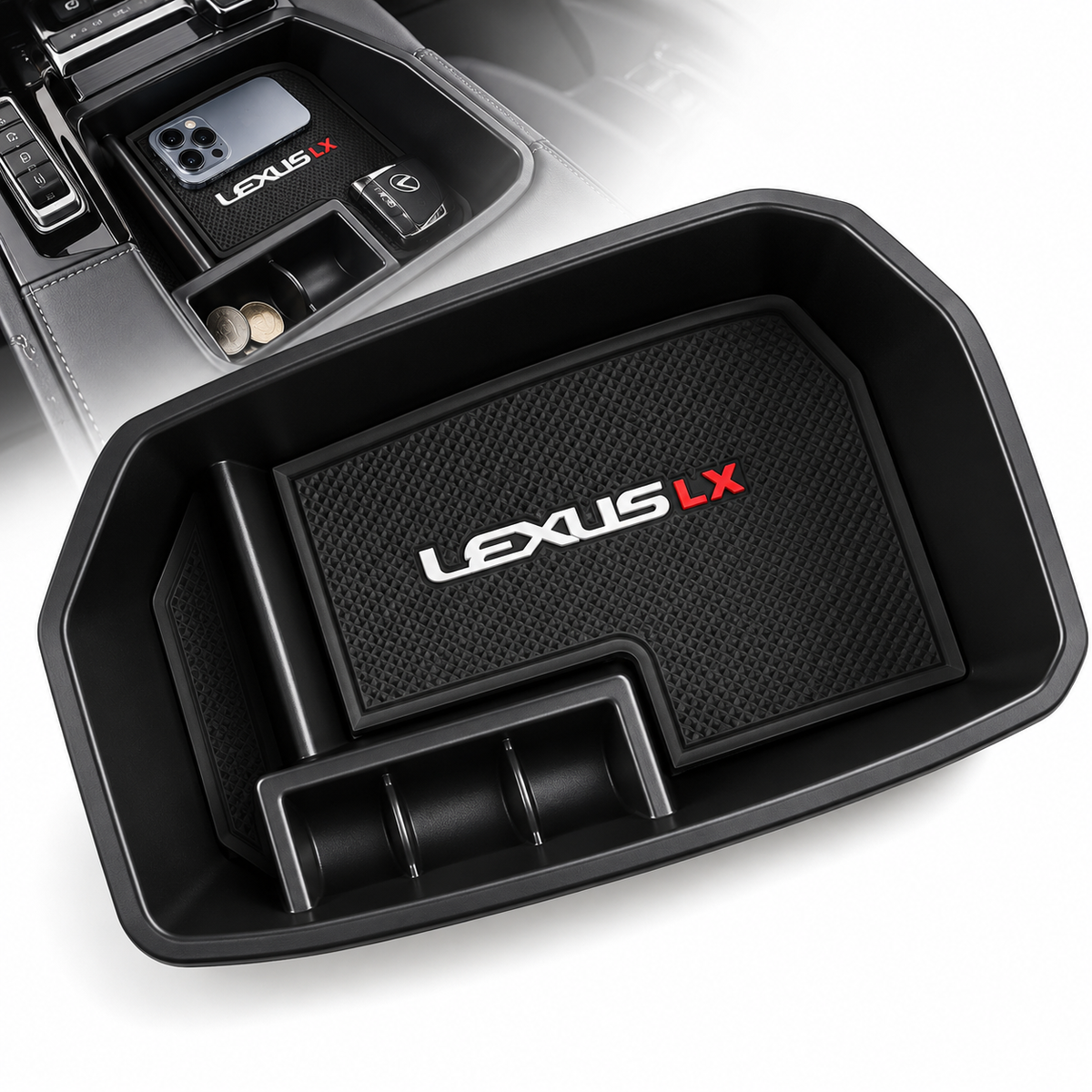 Alayjah Lexus LX 570 Center Console Organizer Tray, Custom-Fit Armrest Storage Box with Non-Slip Mat, Coin Holder & Multi-Compartment Design, Black Car Interior Accessories