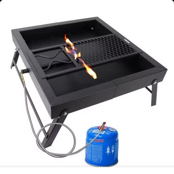 3-in-1 Foldable BBQ Grill with Carry Bag, Gas Hose, and Moveable Support شواية شواء قابلة للطي 3 في 1 مع حقيبة حمل، خرطوم غاز، ودعامة قابلة للتحريك