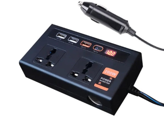 200W Power Inverter DC 12V to 110V with 4-Port USB Car Adapter – Includes PD & QC3.0 Fast Charging عاكس طاقة 200 واط من 12V DC إلى 110V مع شاحن سيارة بـ 4 منافذ USB – يدعم الشحن السريع PD وQC3.0