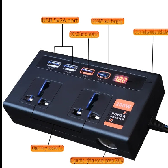 200W Power Inverter DC 12V to 110V with 4-Port USB Car Adapter – Includes PD & QC3.0 Fast Charging عاكس طاقة 200 واط من 12V DC إلى 110V مع شاحن سيارة بـ 4 منافذ USB – يدعم الشحن السريع PD وQC3.0