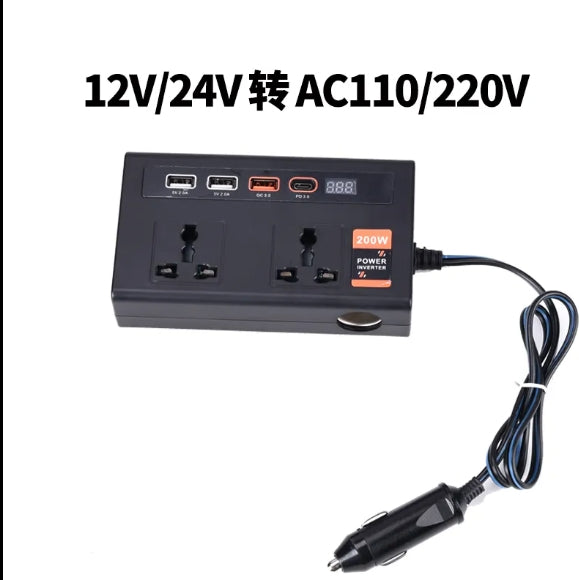 200W Power Inverter DC 12V to 110V with 4-Port USB Car Adapter – Includes PD & QC3.0 Fast Charging عاكس طاقة 200 واط من 12V DC إلى 110V مع شاحن سيارة بـ 4 منافذ USB – يدعم الشحن السريع PD وQC3.0