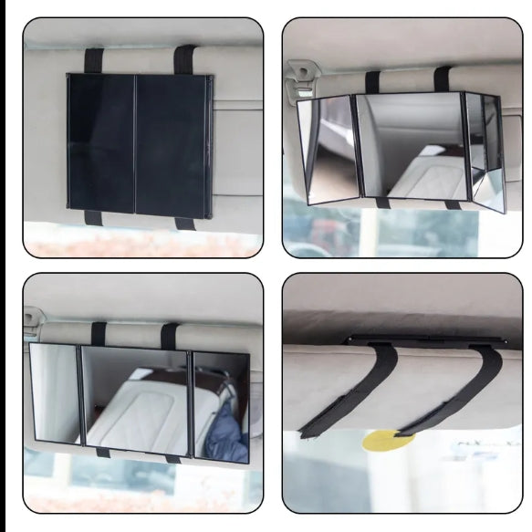 Universal 3-Way Foldable Car Vanity Mirror – Premium Trifold Interior Accessory for Sun Visor, Sunshade & On-the-Go Makeup  مرآة زينة ثلاثية قابلة للطي للسيارة – إكسسوار داخلي فاخر للواقي الشمسي وظلال الشمس وتطبيق المكياج أثناء التنقل