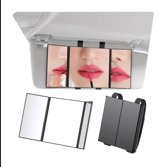 Universal 3-Way Foldable Car Vanity Mirror – Premium Trifold Interior Accessory for Sun Visor, Sunshade & On-the-Go Makeup  مرآة زينة ثلاثية قابلة للطي للسيارة – إكسسوار داخلي فاخر للواقي الشمسي وظلال الشمس وتطبيق المكياج أثناء التنقل