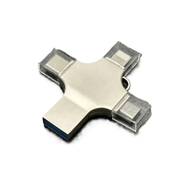 4-in-1 USB Flash Drive 64GB – Type-C, USB, Micro USB, Lightning for Apple, Samsung & Android فلاشة USB معدنية 4 في 1 بسعة 64 جيجابايت – Type-C، USB، Micro USB، Lightning متوافقة مع أجهزة Apple وSamsung وAndroid