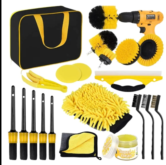 20PCS Car Detailing Brush Kit with Drill Attachments – Interior, Exterior, Tire & Wheel Cleaner Set مجموعة فرش تنظيف السيارات 20 قطعة مع ملحقات مثقاب – لتنظيف الداخل، الخارج، الإطارات والعجلات